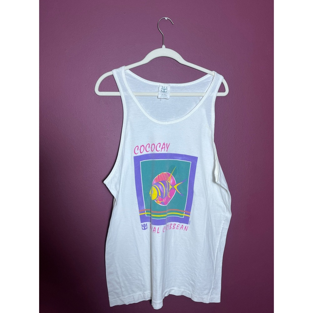 Vintage Royal Caribbean Cococay Tank Top White Cotton Tropical Fish Graphic